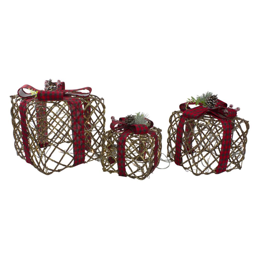 Set of 3 LED Rustic Rattan Christmas Gift Boxes with Pinecones. Picture 1