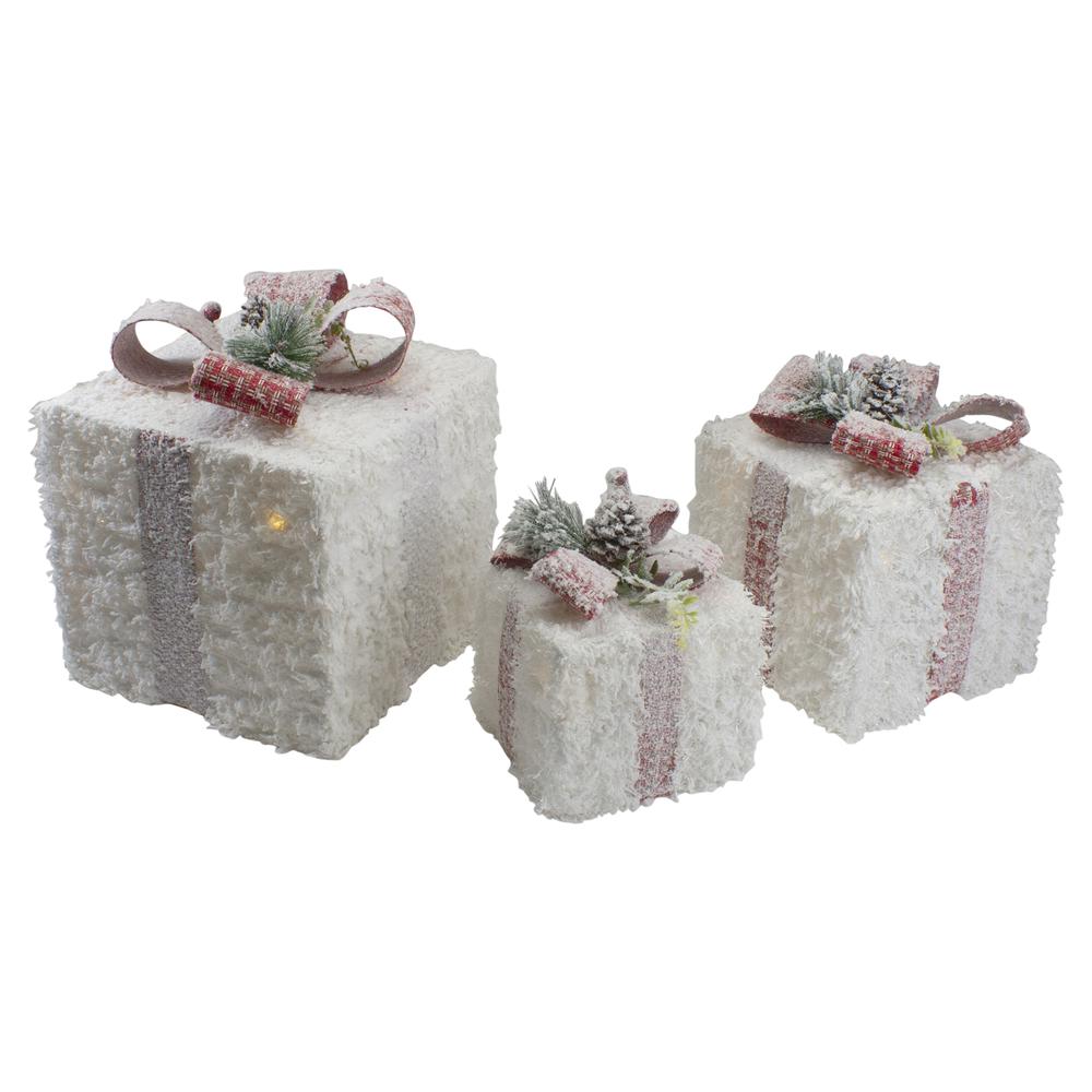 Set of 3 LED Frosted Rattan Christmas Gift Boxes with Pinecones - 10". Picture 1
