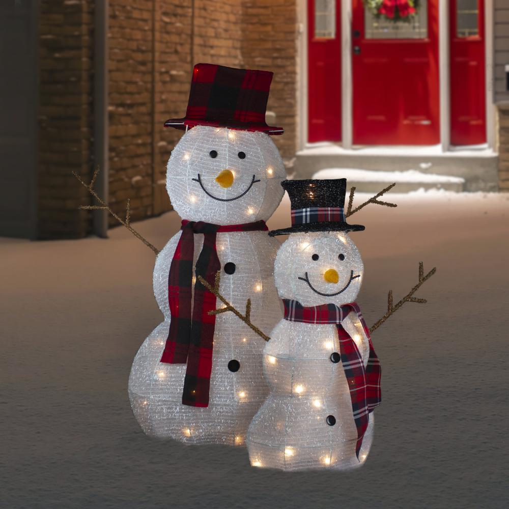 Set of 2 Lighted Tinsel Snowmen Family Christmas Yard Decorations. Picture 2