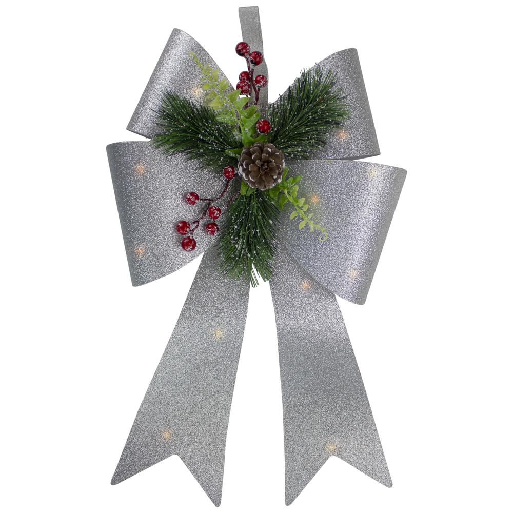 19" LED Lighted Sliver Tinsel Bow Christmas Decoration. Picture 1