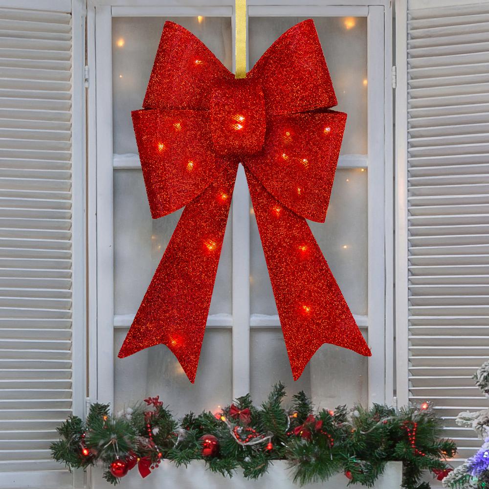 26" LED Lighted Red Tinsel Bow Christmas Decoration. Picture 2