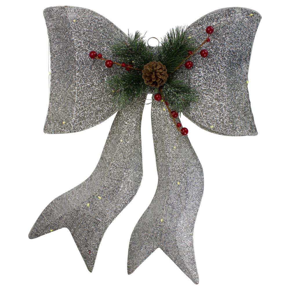 22" LED Lighted Silver Gradient Mesh Bow Christmas Decoration. Picture 1
