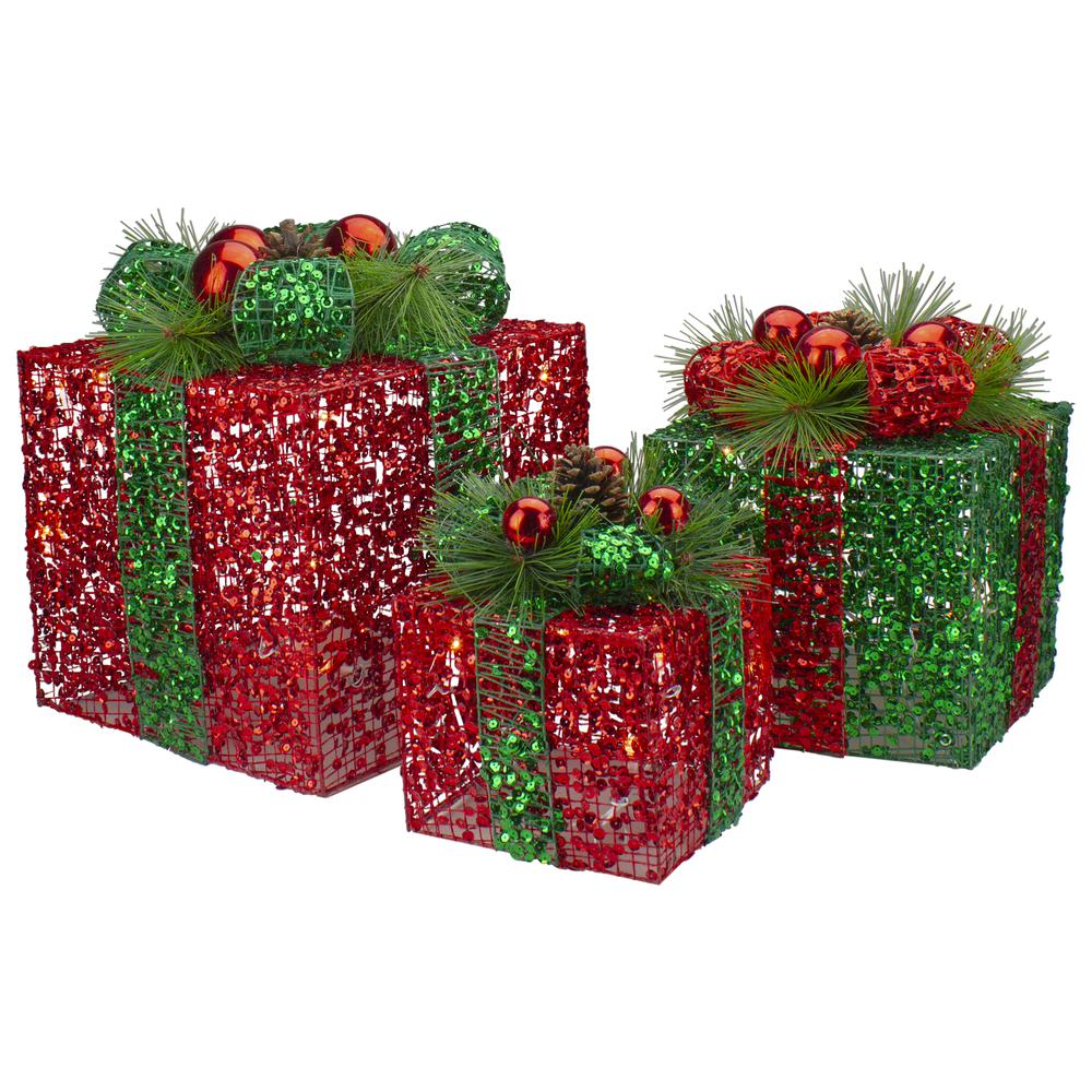 Set of 3 LED Lighted Red and Green Glitter Threaded Gift Boxes Outdoor Christmas Decoration. The main picture.