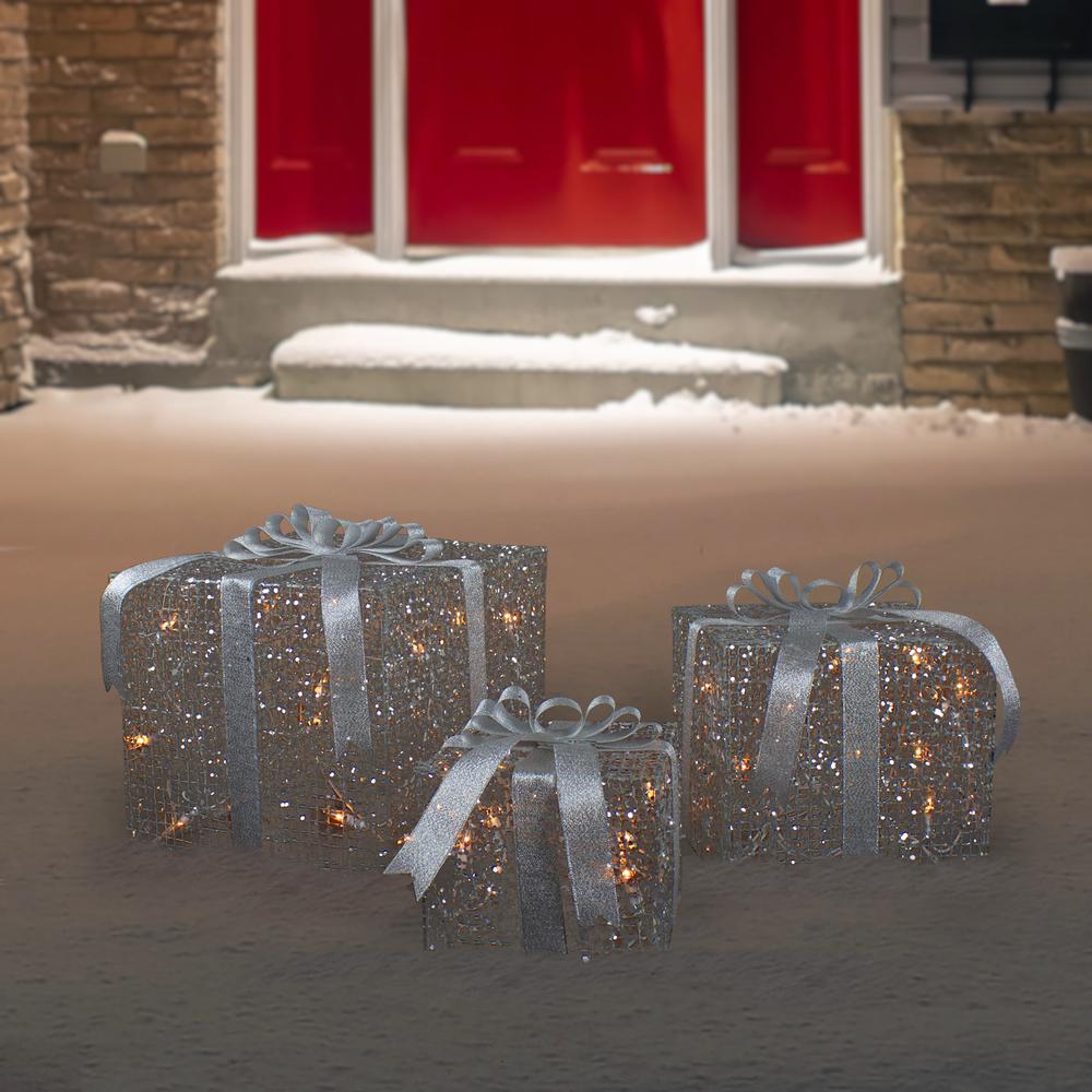 Set of 3 LED Lighted Silver Glitter Threaded Gift Boxes Outdoor Christmas Decoration. Picture 2