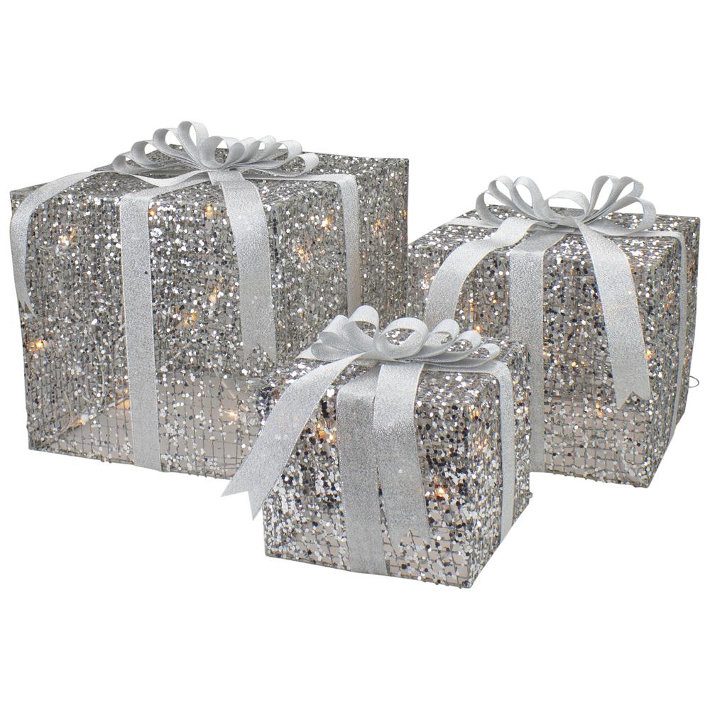Set of 3 LED Lighted Silver Glitter Threaded Gift Boxes Outdoor Christmas Decoration. Picture 1