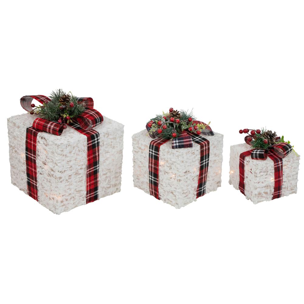 Set of 3 Lighted Red Plaid Gift Boxes Outdoor Decorations. Picture 1