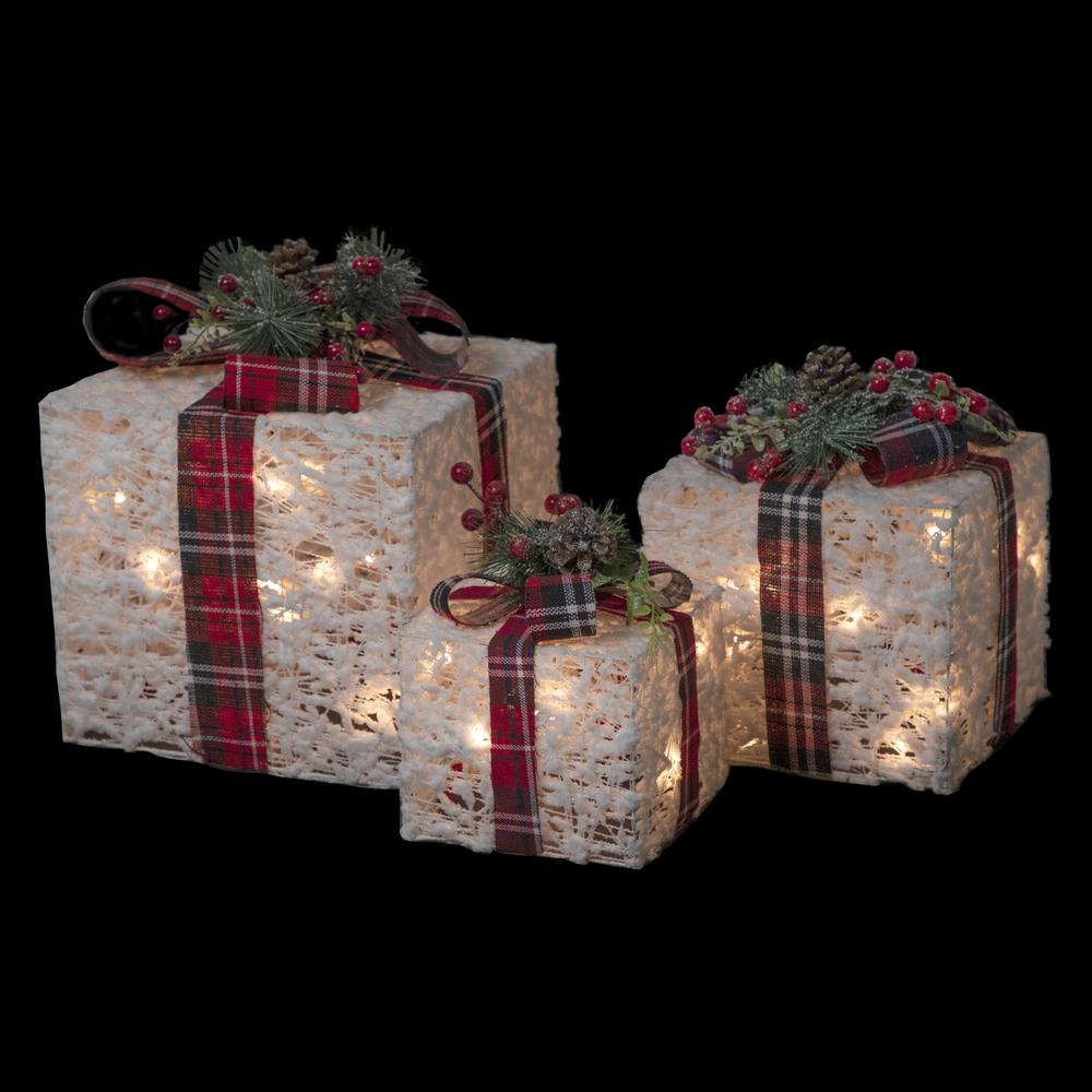 Set of 3 Lighted Red Plaid Gift Boxes Outdoor Decorations. Picture 3