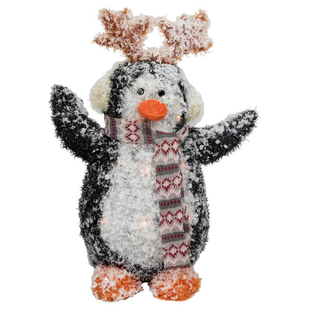 22" Lighted Snowy Penguin in Antler Hat Outdoor Christmas Decoration. Picture 1