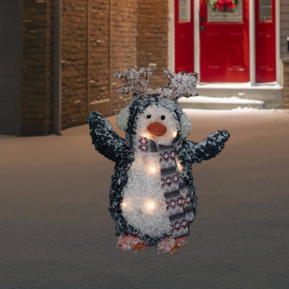 22" Lighted Snowy Penguin in Antler Hat Outdoor Christmas Decoration. Picture 2