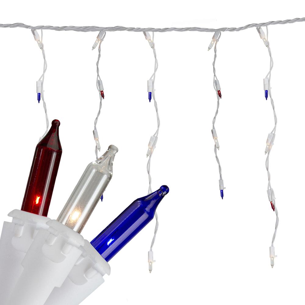 105ct Red  Clear and Blue Christmas Mini Icicle Lights - 6.5ft White Wire. Picture 1