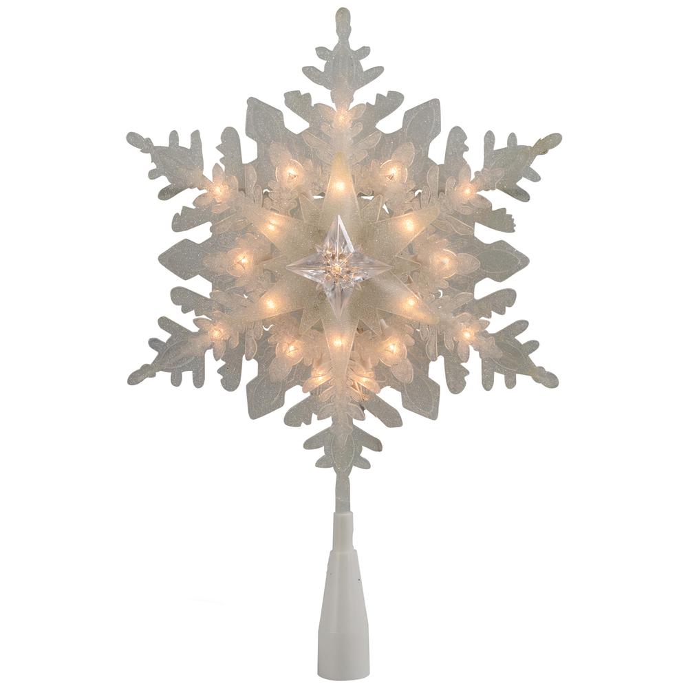 10" Lighted White Frosted 3-D Snowflake Christmas Tree Topper - Clear Lights. Picture 1