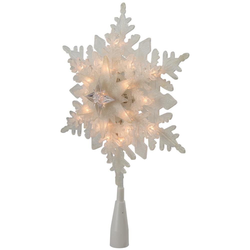 10" Lighted White Frosted 3-D Snowflake Christmas Tree Topper - Clear Lights. Picture 3