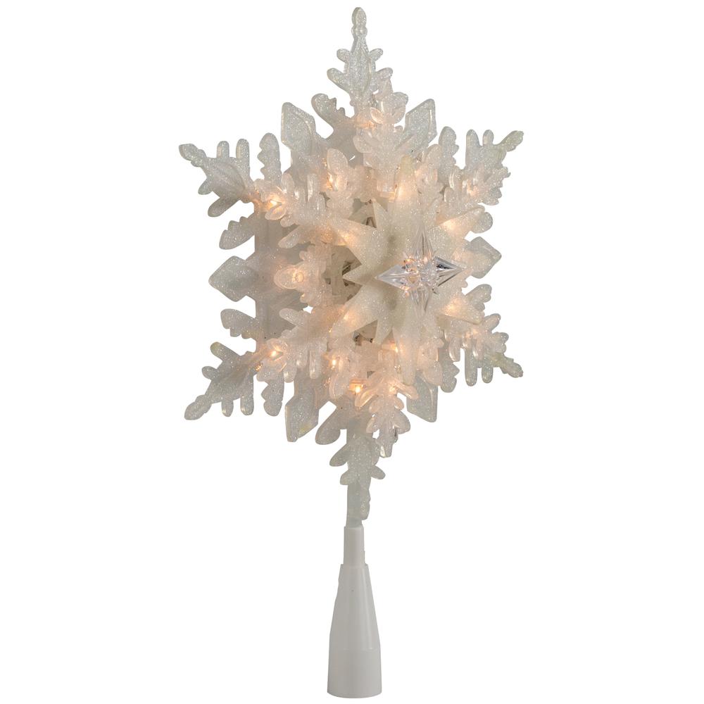 10" Lighted White Frosted 3-D Snowflake Christmas Tree Topper - Clear Lights. Picture 4