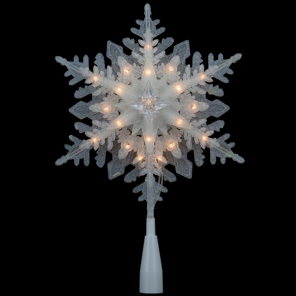 10" Lighted White Frosted 3-D Snowflake Christmas Tree Topper - Clear Lights. Picture 7