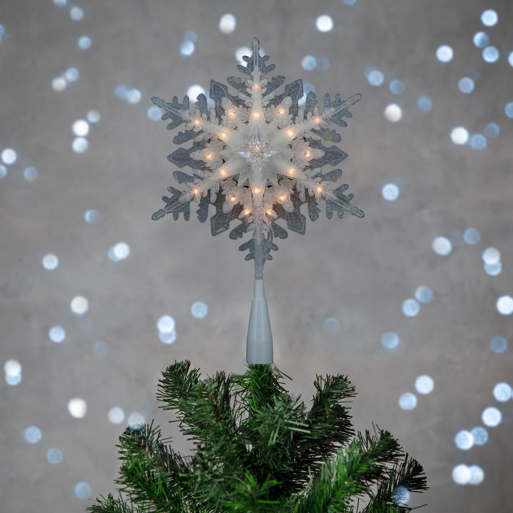 10" Lighted White Frosted 3-D Snowflake Christmas Tree Topper - Clear Lights. Picture 2