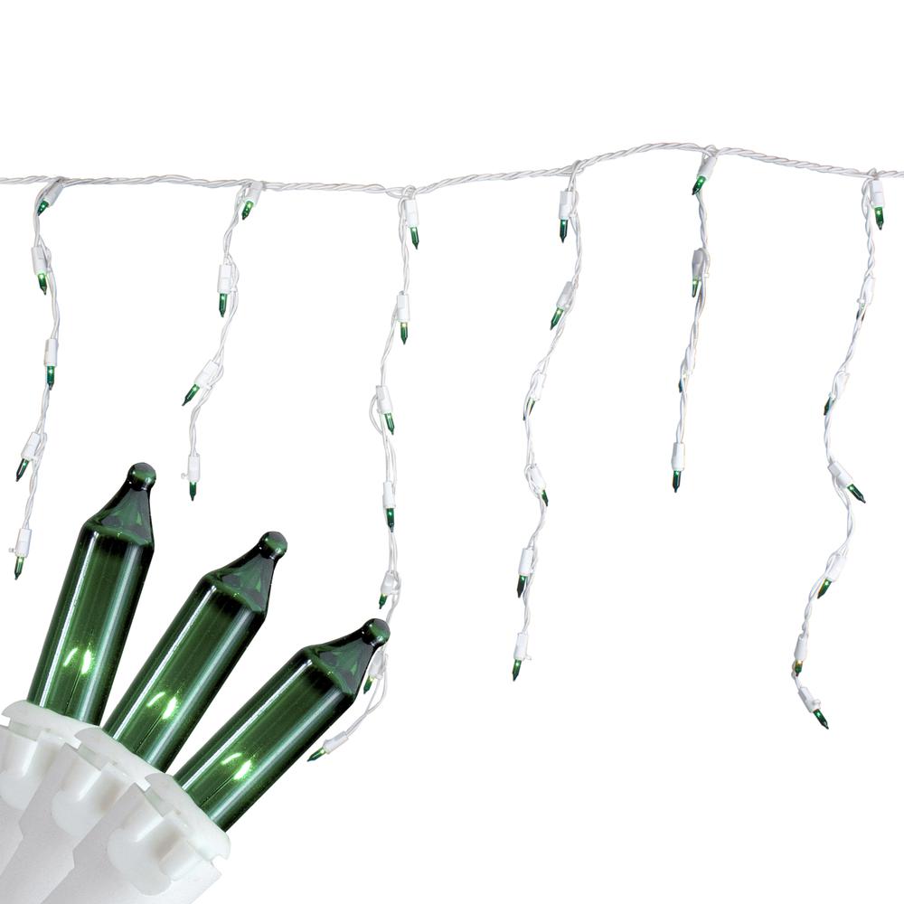 100 Count Green Mini Icicle Christmas Lights - 3.5 ft White Wire. Picture 1