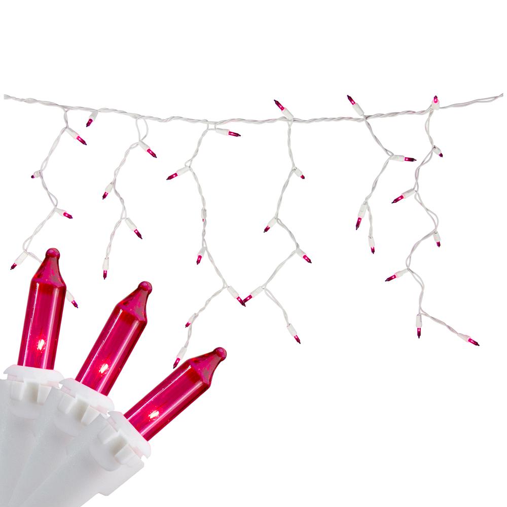 100 Count Pink Mini Icicle Christmas Lights - 3.5 ft White Wire. Picture 1