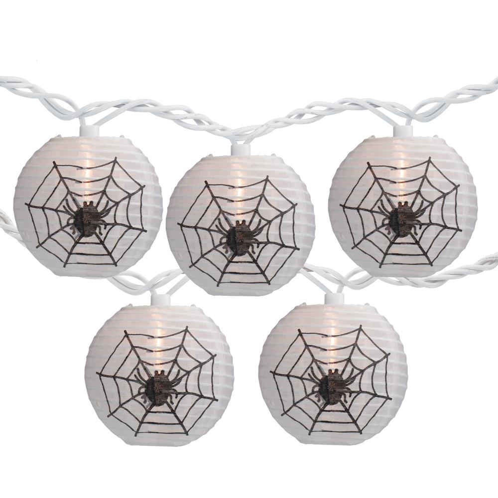 10-Count Black Spider in Web Paper Lantern Halloween Lights  8.5ft White Wire. Picture 1