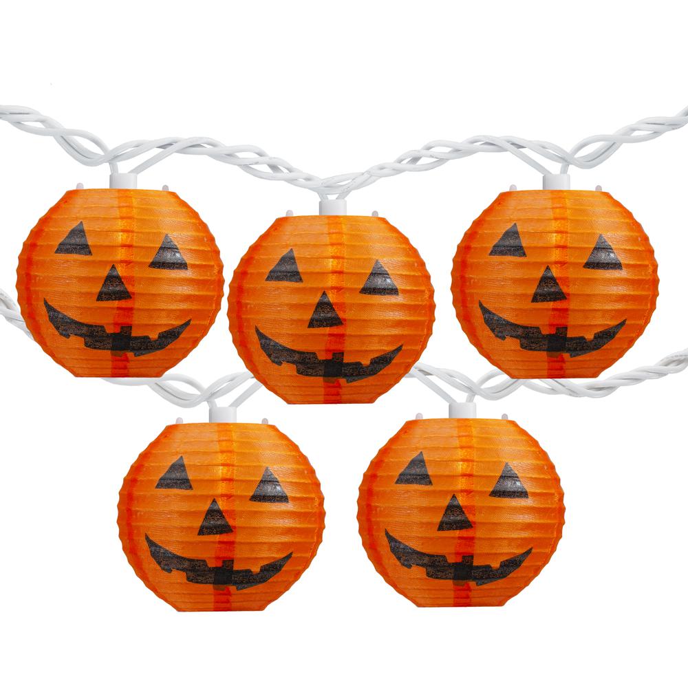 10-Count Orange Jack-O-Lantern Paper Lantern Halloween Lights  8.5ft White Wire. Picture 1