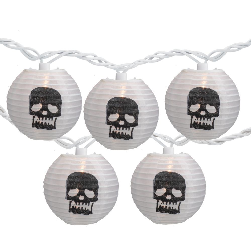 10-Count White and Black Skull Paper Lantern Halloween Lights  8.5ft White Wire. Picture 1