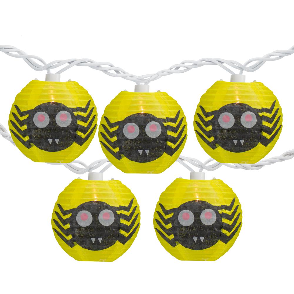 10-Count Yellow and Black Spider Paper Lantern Halloween Lights  8.5ft White Wire. Picture 1