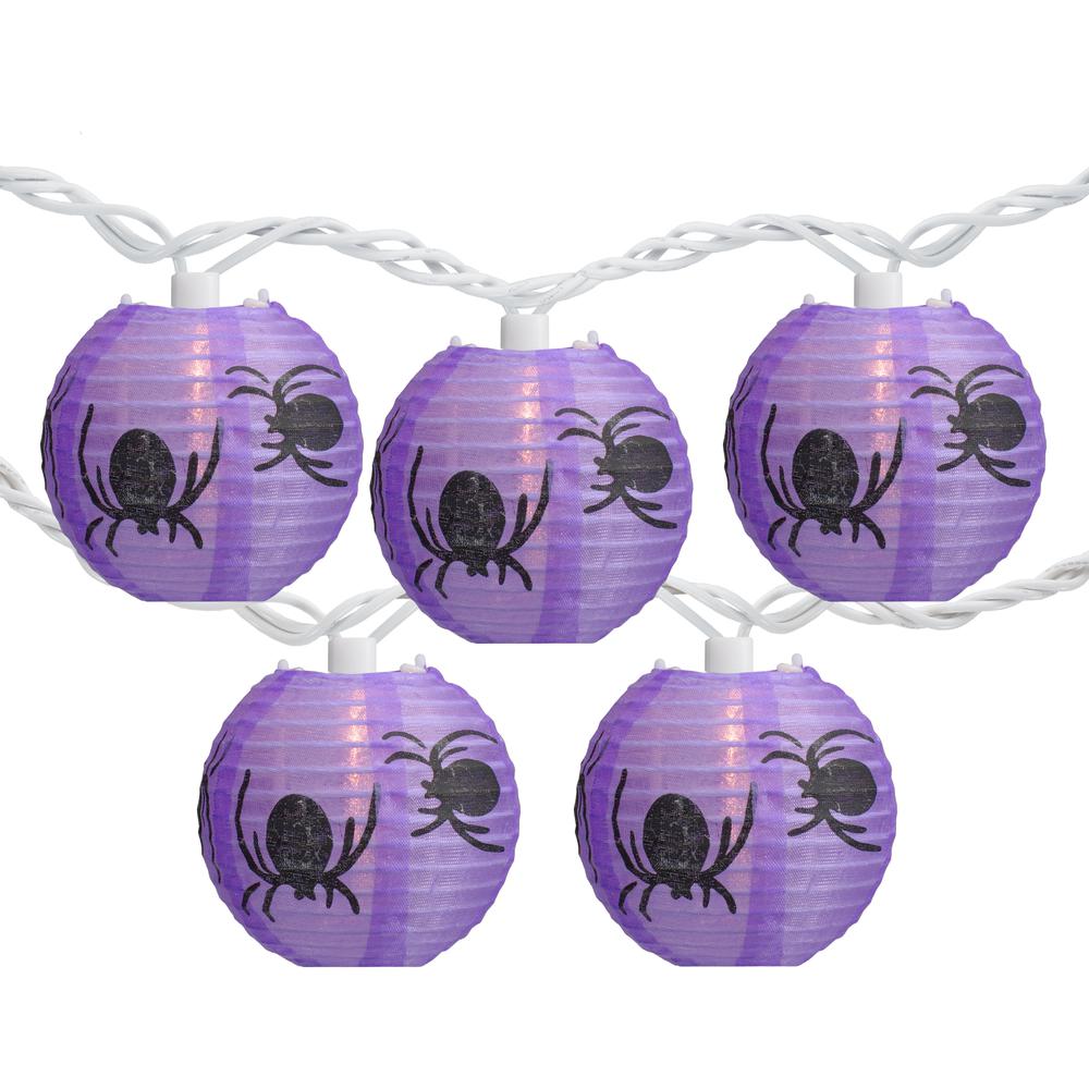10-Count Purple and Black Spider Paper Lantern Halloween Lights  8.5ft White Wire. Picture 1