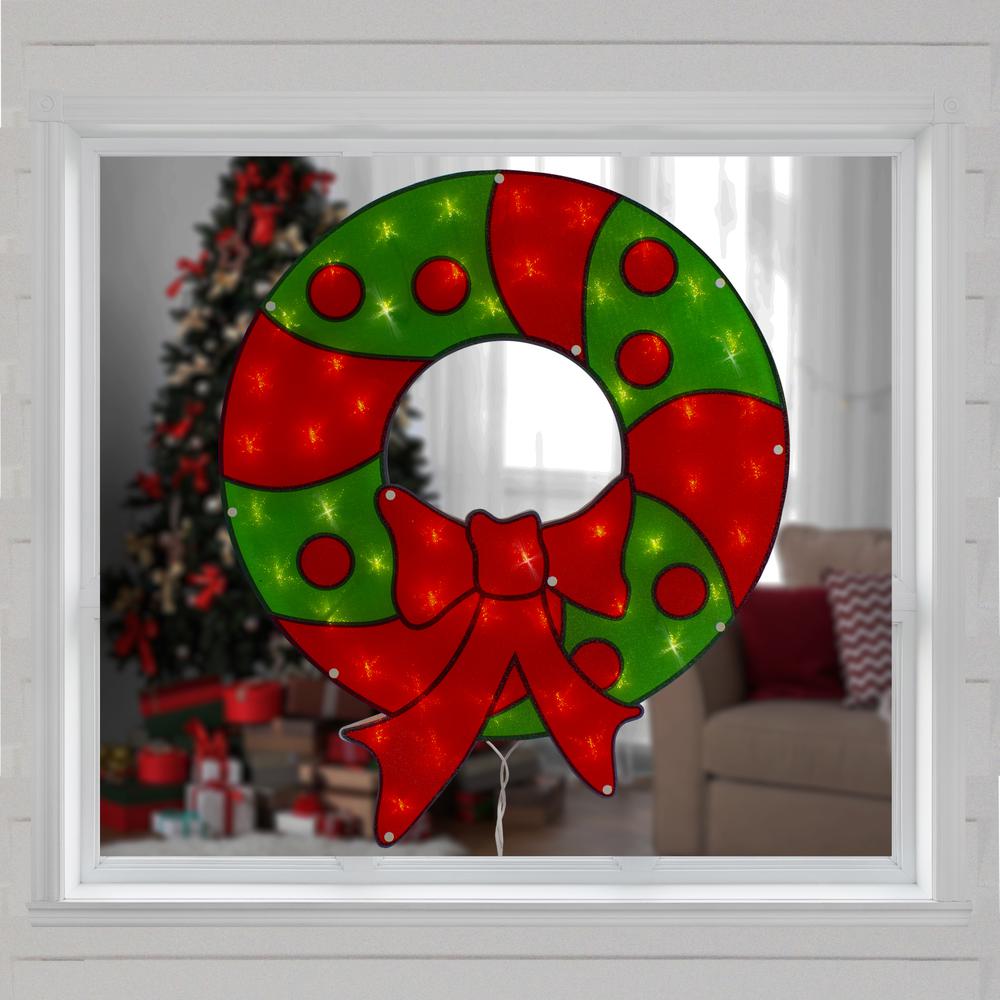 23" Lighted Red and Green Christmas Wreath Window Silhouette. Picture 2