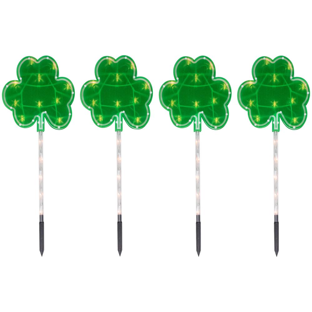 4ct Green St Patrick's Day Shamrock Pathway Marker Lawn Stakes  Clear Lights. Picture 1