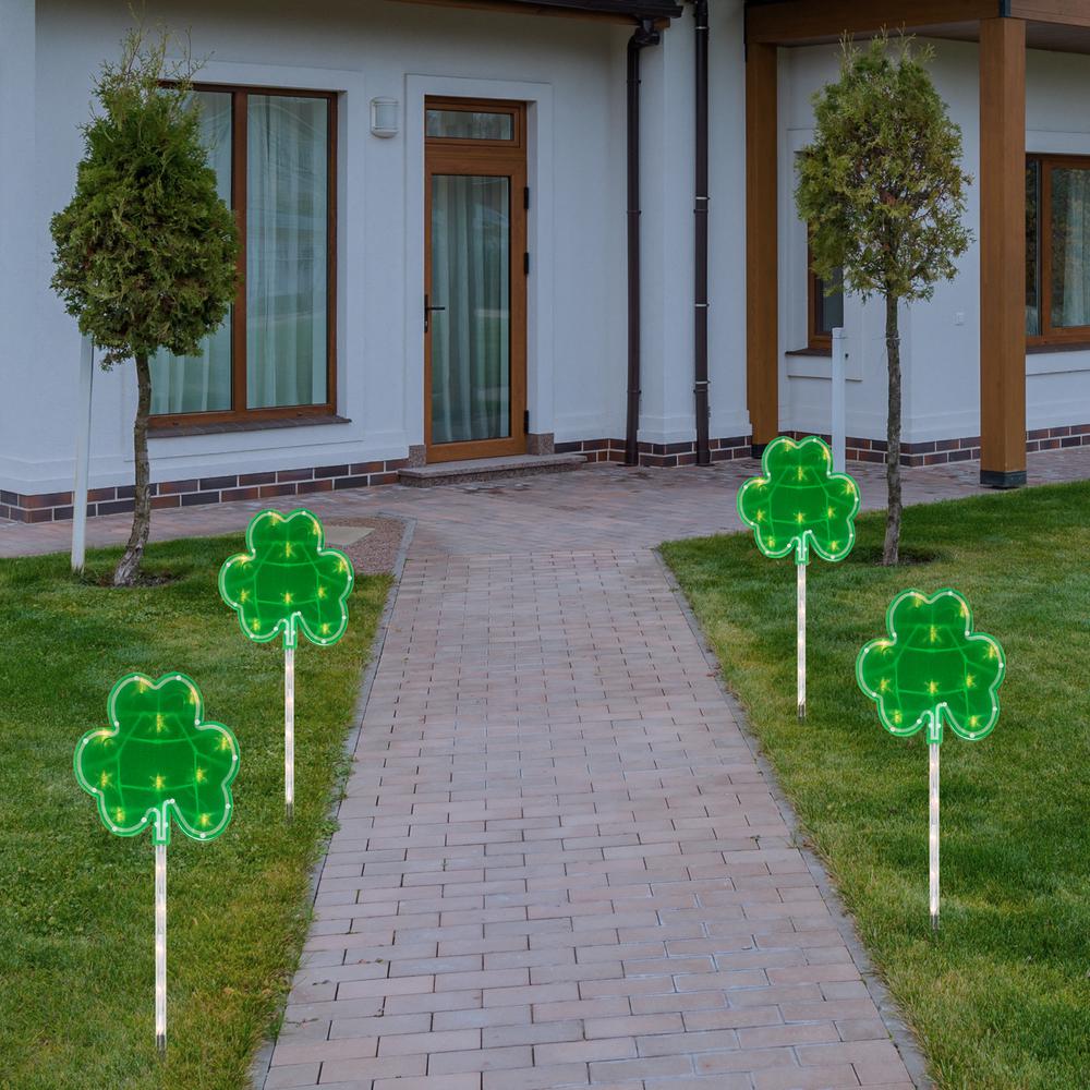 4ct Green St Patrick's Day Shamrock Pathway Marker Lawn Stakes  Clear Lights. Picture 2