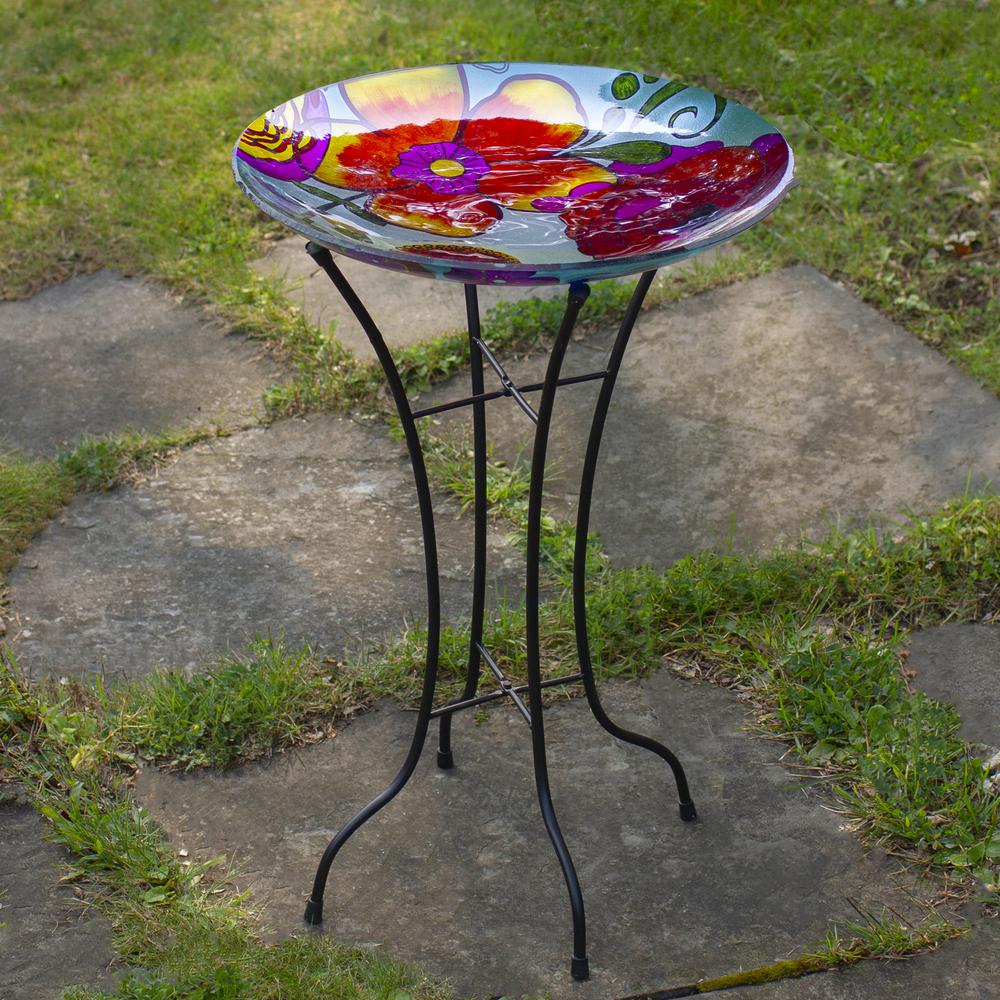 18" Multi-Colored Hand Painted Glass Floral Pattern Outdoor Patio Bird Bath. Picture 2