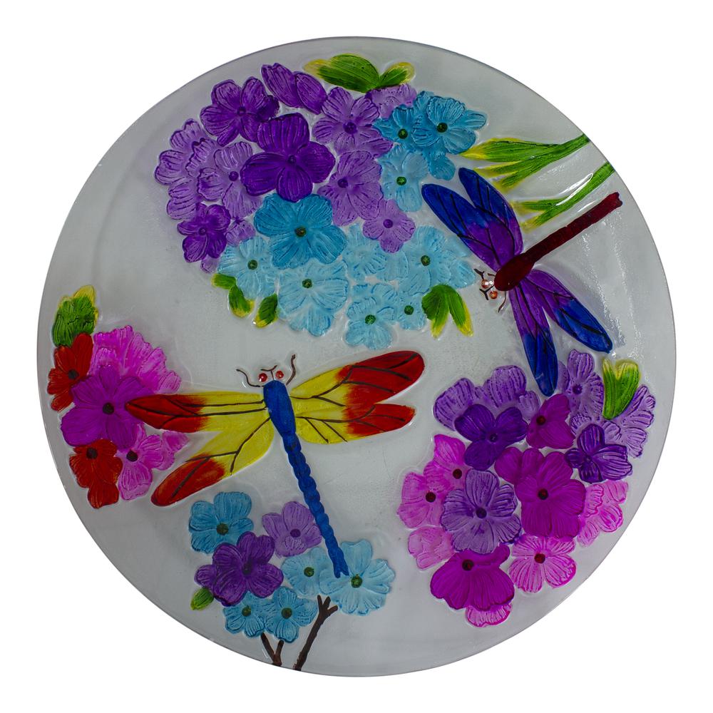 18" Pink and Purple Dragonflies Hand Painted Glass Outdoor Patio Birdbath. Picture 4