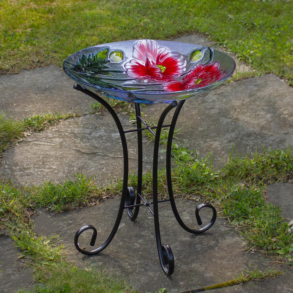 21" Butterfly and Carnations Hand Painted Glass Outdoor Birdbath. Picture 2