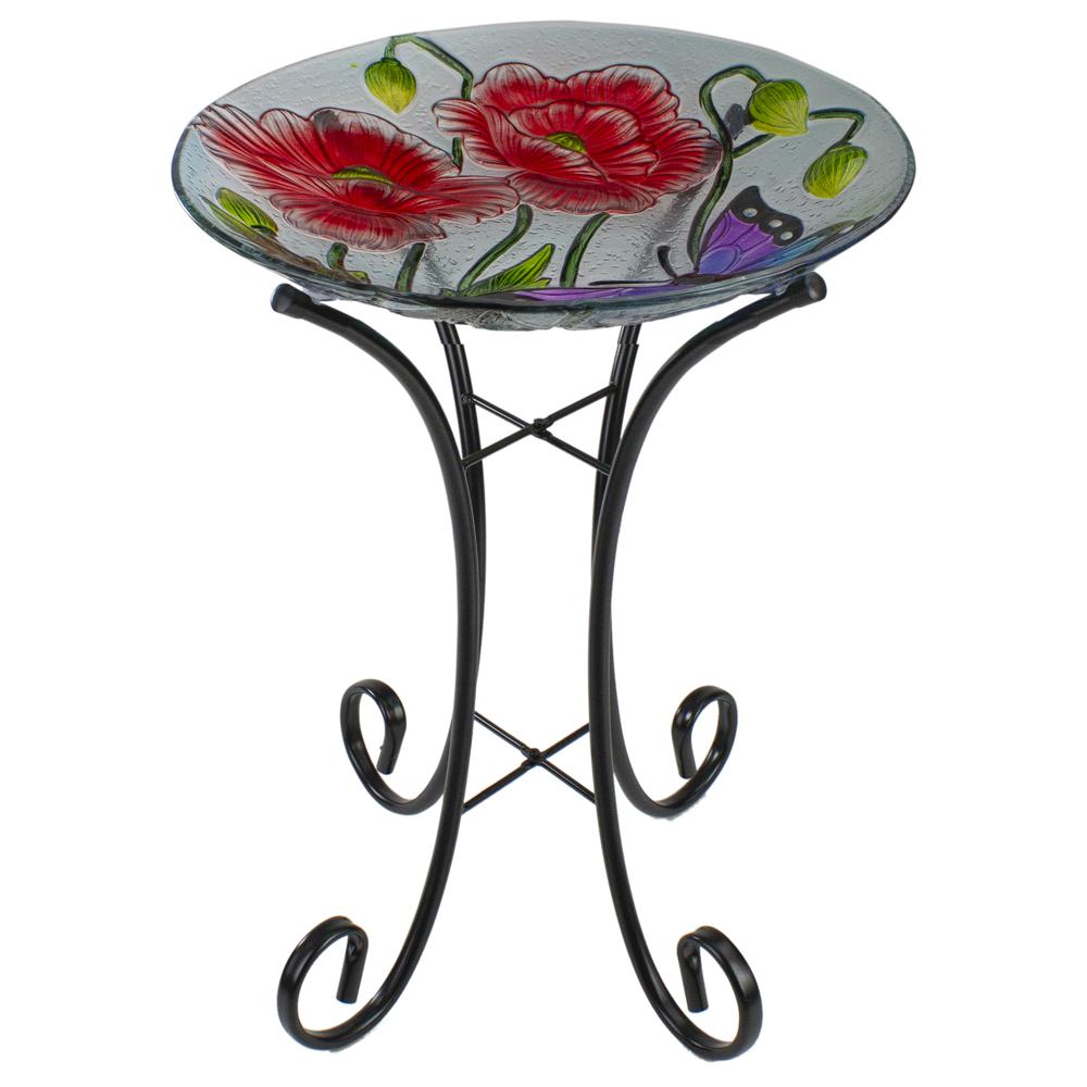 21" Butterfly and Carnations Hand Painted Glass Outdoor Birdbath. Picture 1