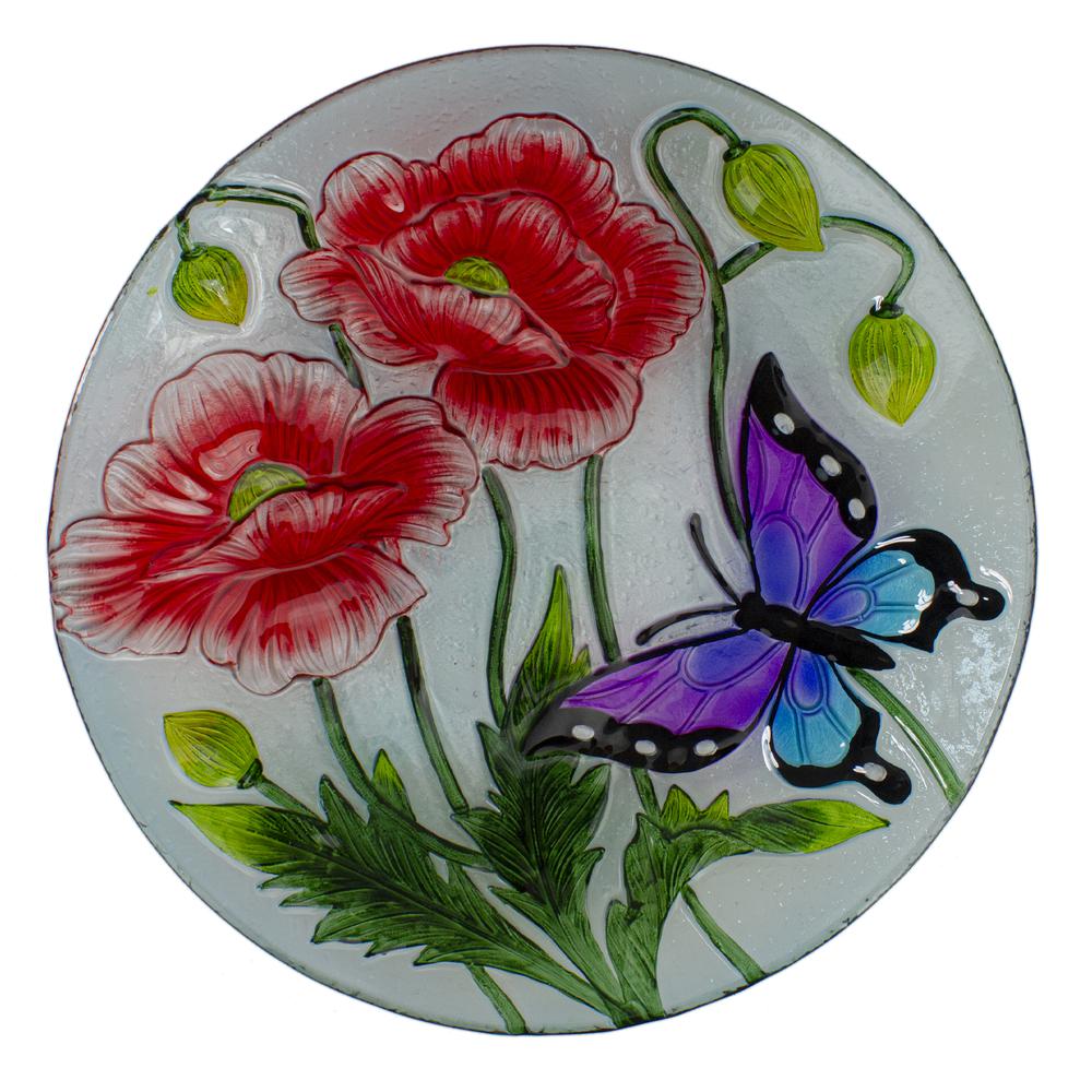 21" Butterfly and Carnations Hand Painted Glass Outdoor Birdbath. Picture 3