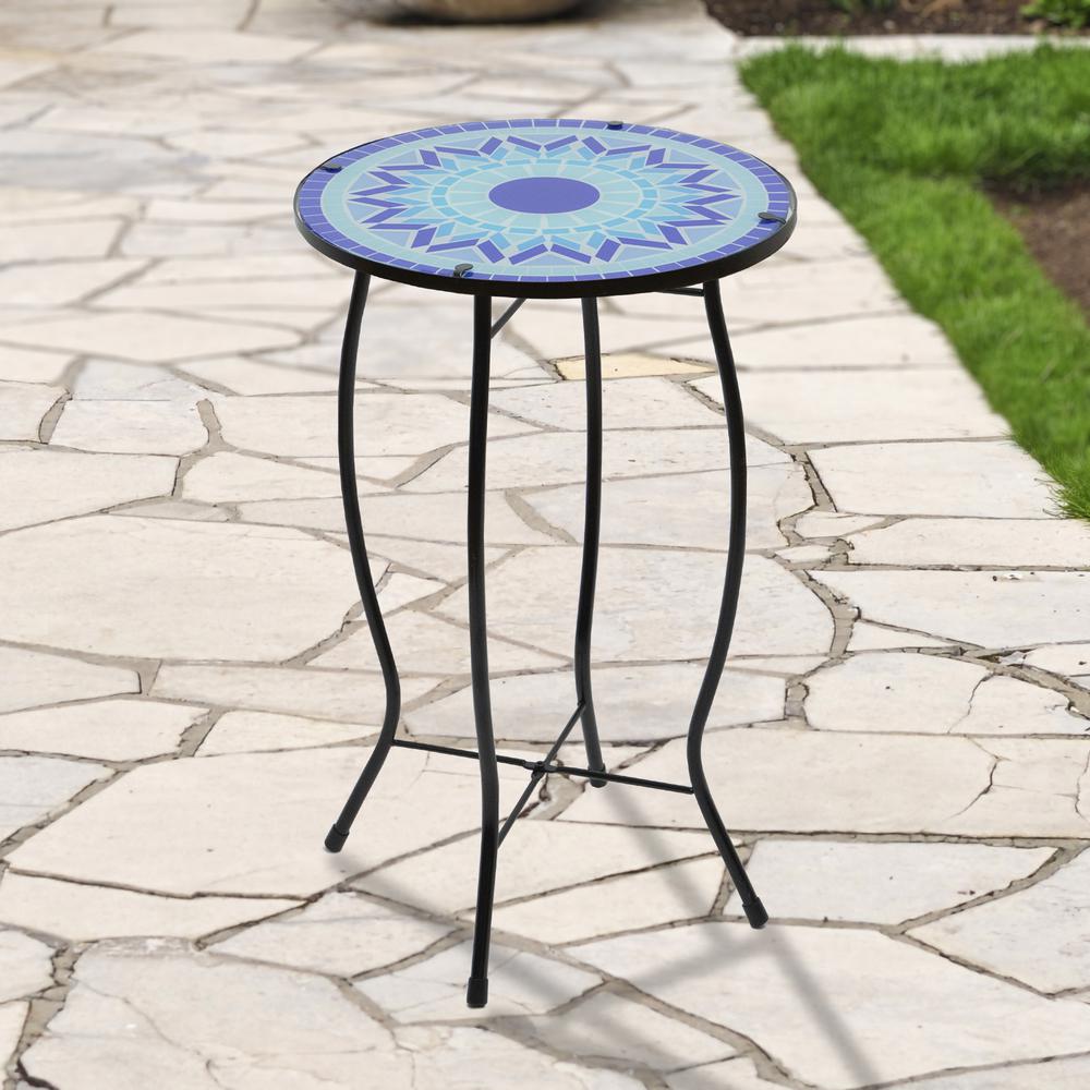 19" Blue Sun Mosaic Glass Patio Side Table. Picture 2