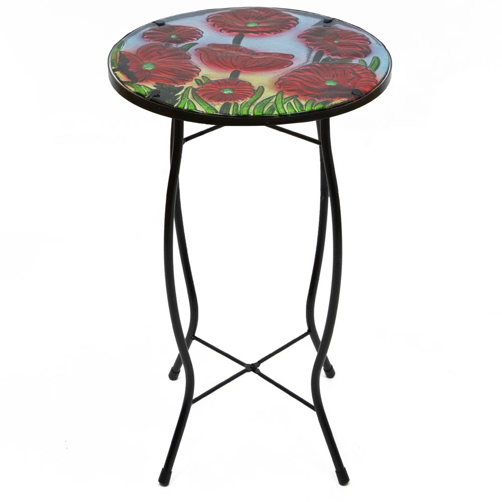 19" Red Floral Poppies Glass Patio Side Table. Picture 1