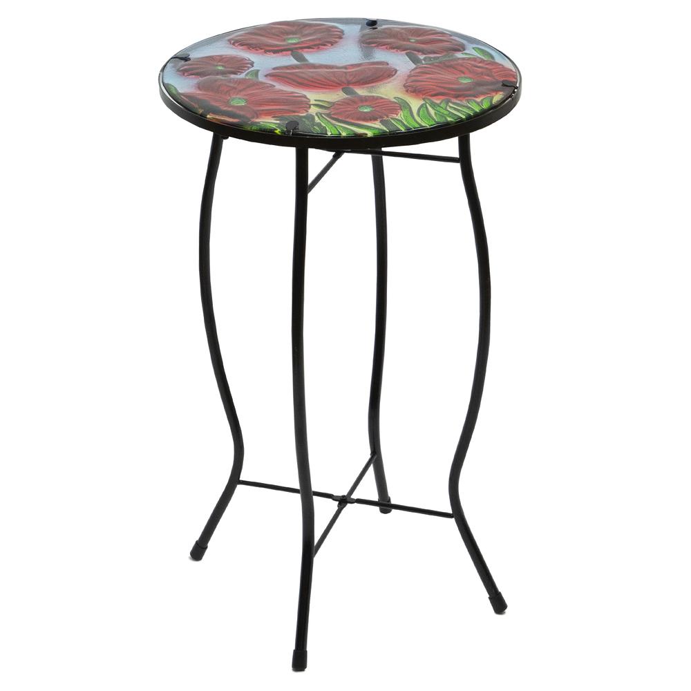 19" Red Floral Poppies Glass Patio Side Table. Picture 4