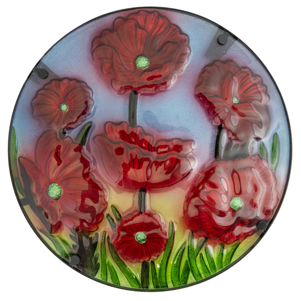 19" Red Floral Poppies Glass Patio Side Table. Picture 3