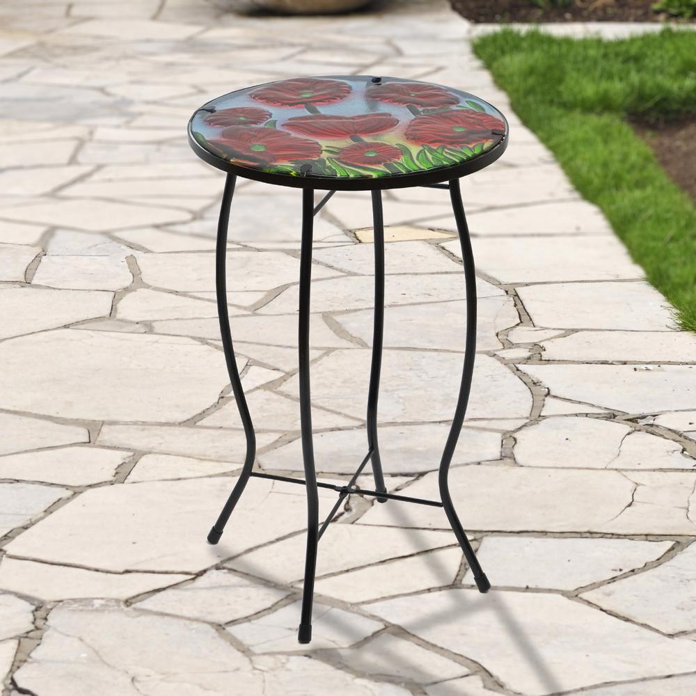 19" Red Floral Poppies Glass Patio Side Table. Picture 2