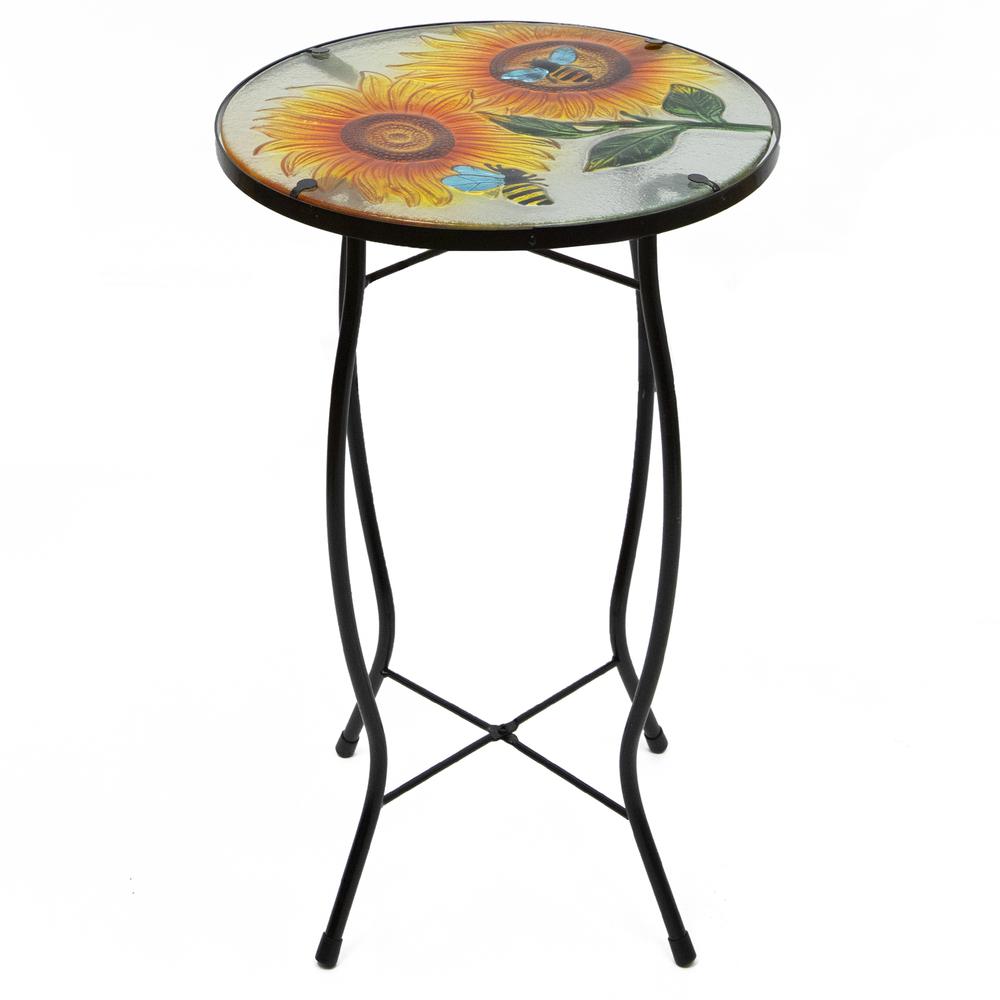 19" Sunflower and Bumblebee Glass Patio Side Table. Picture 1