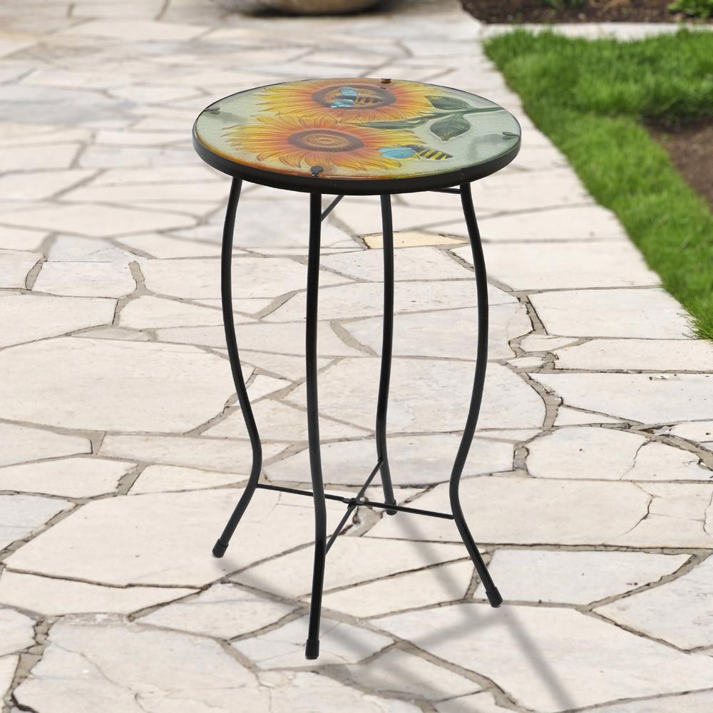 19" Sunflower and Bumblebee Glass Patio Side Table. Picture 2