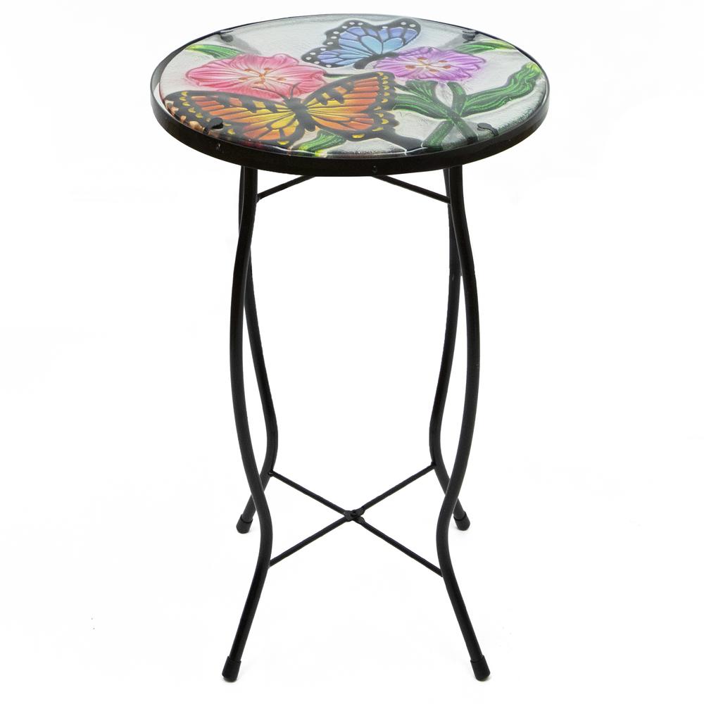 19" Floral and Butterfly Glass Patio Side Table. Picture 1