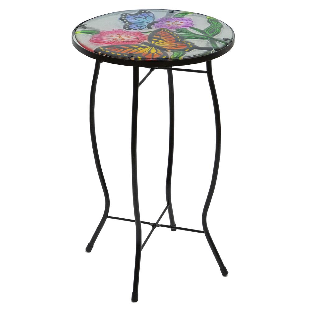 19" Floral and Butterfly Glass Patio Side Table. Picture 4