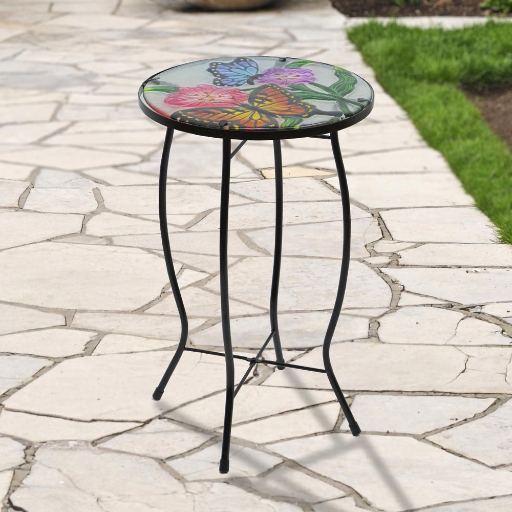 19" Floral and Butterfly Glass Patio Side Table. Picture 2