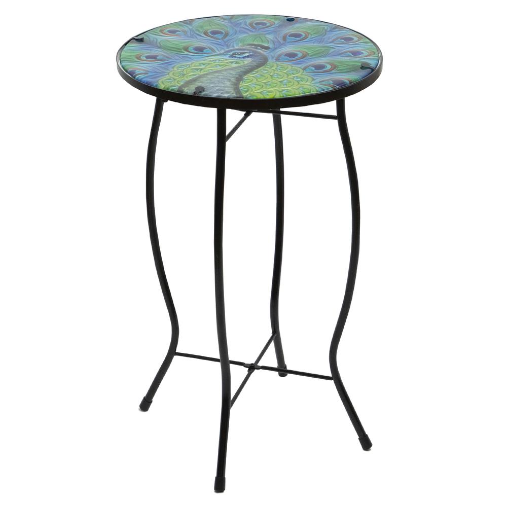 19" Blue and Green Peacock Glass Patio Side Table. Picture 4