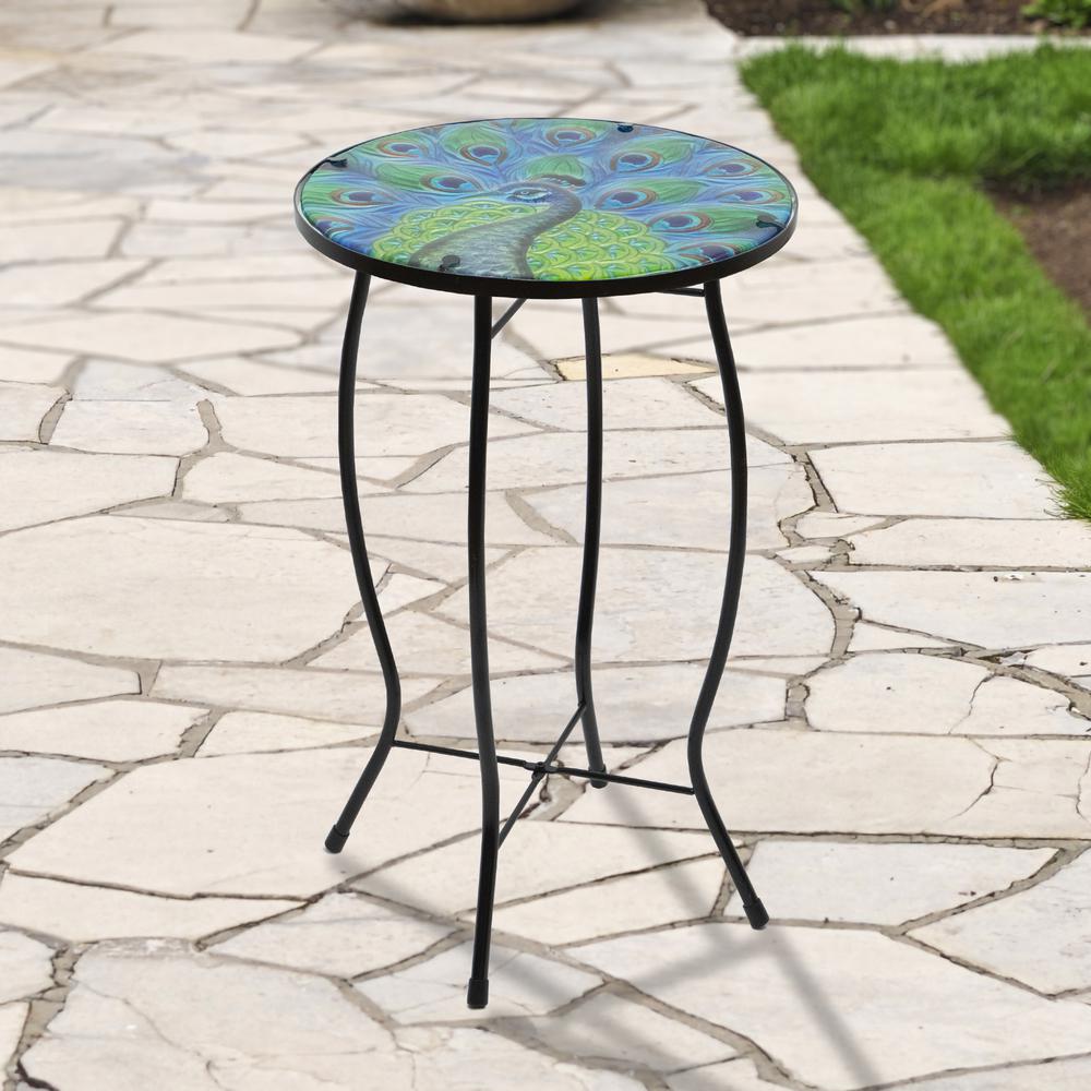 19" Blue and Green Peacock Glass Patio Side Table. Picture 2