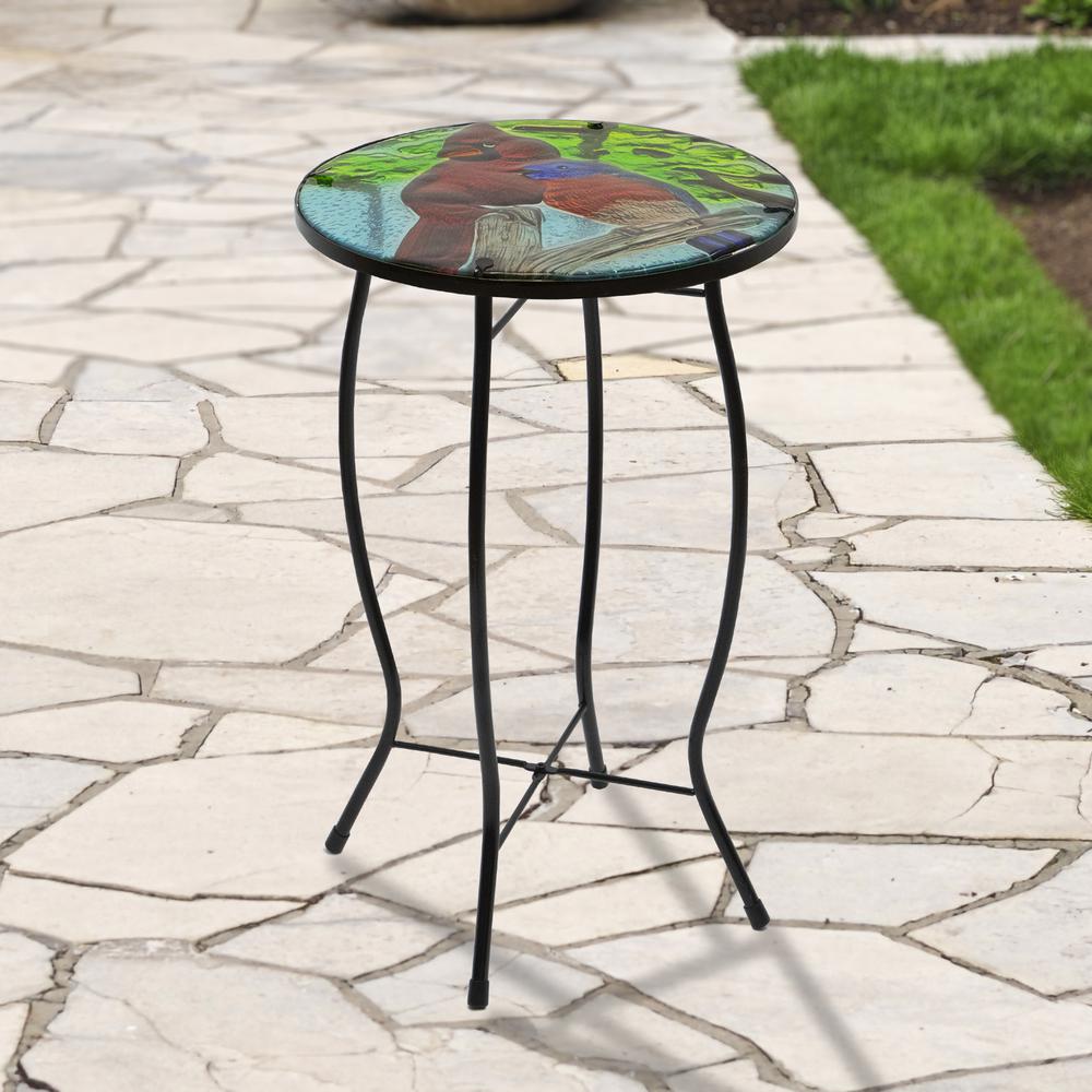 19" Blue and Red Cardinal Glass Patio Side Table. Picture 2