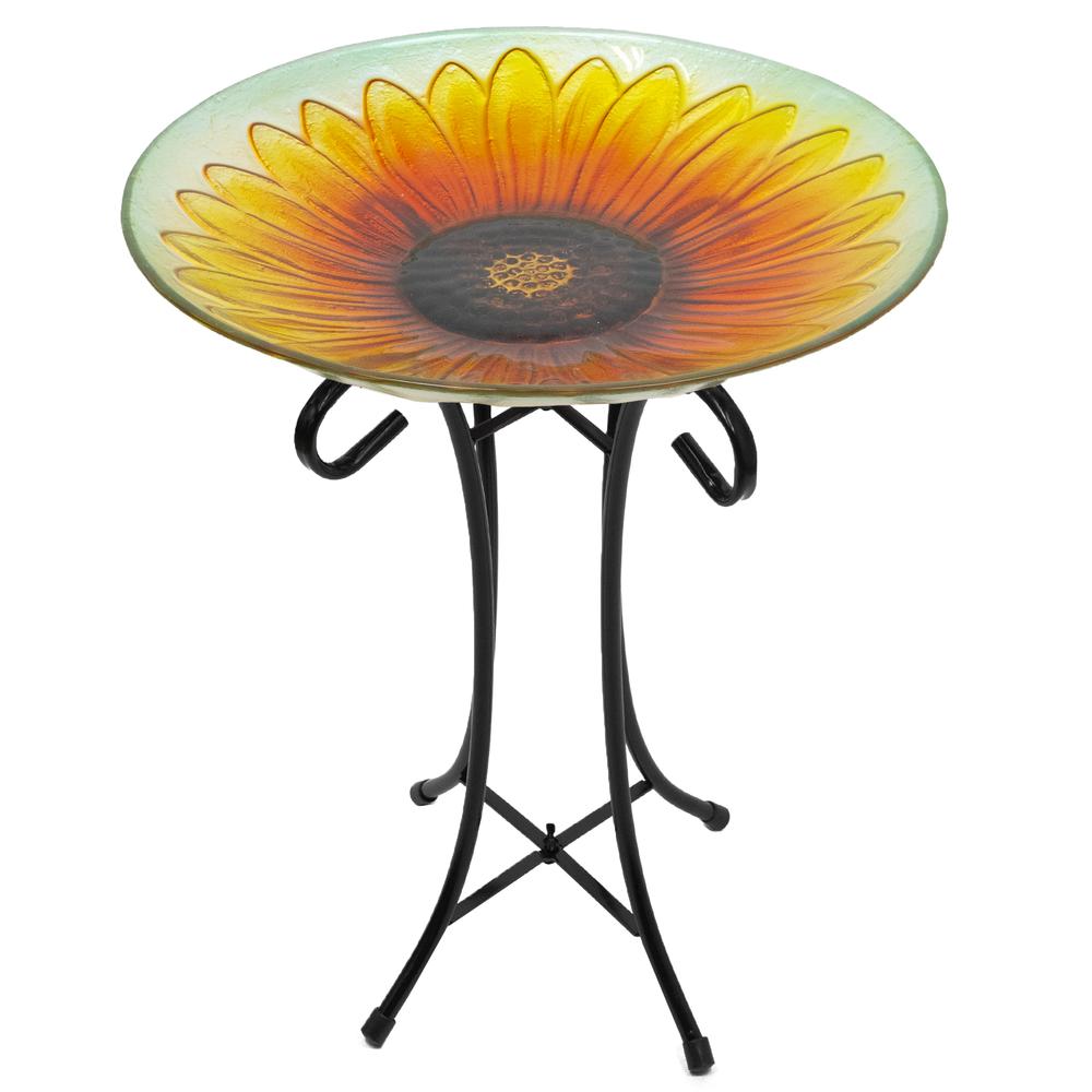 20.5" Orange and Yellow Sunflower Glass Bird Bath with Stand. Picture 1