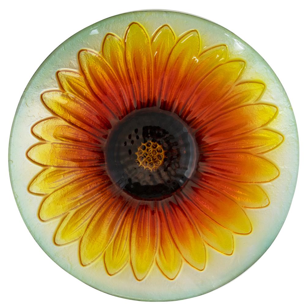 20.5" Orange and Yellow Sunflower Glass Bird Bath with Stand. Picture 3