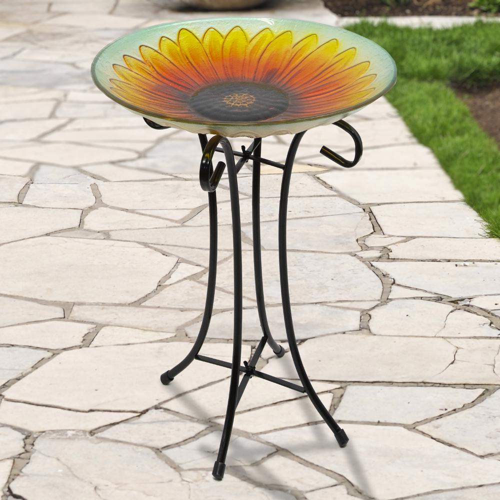 20.5" Orange and Yellow Sunflower Glass Bird Bath with Stand. Picture 2